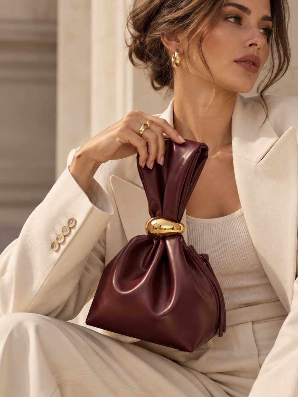 Burgundy Knot-Handle Leather Wristlet with Gold Accent